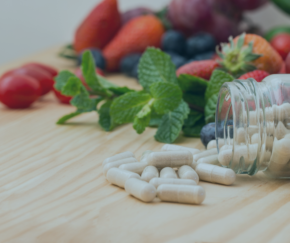 image of fruit, vegetables and vitamin capsules