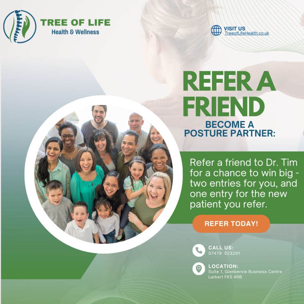 image of happy people with text overlay explaining the Tree of Life Health & Wellness Posture Partner referal scheme